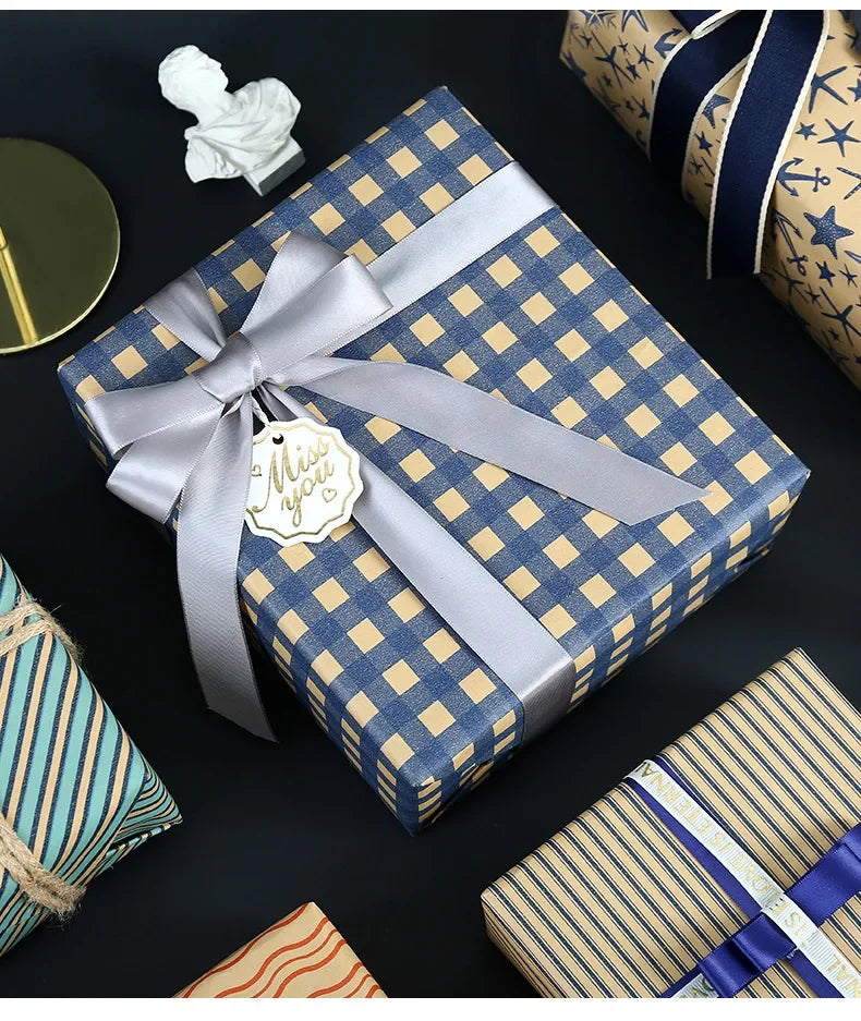 Papel de regalo Kraft clásico con entramado plegable de 50x70cm, embalaje de regalo azul, papel artesanal