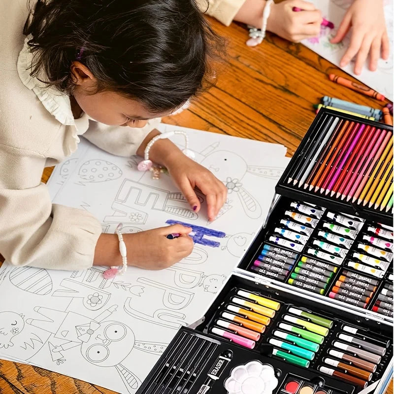 Paquete de 145 piezas, kit de arte para pintar y dibujar, juego de arte de doble capa de lujo, lápices de colores, pasteles al óleo, acuarela