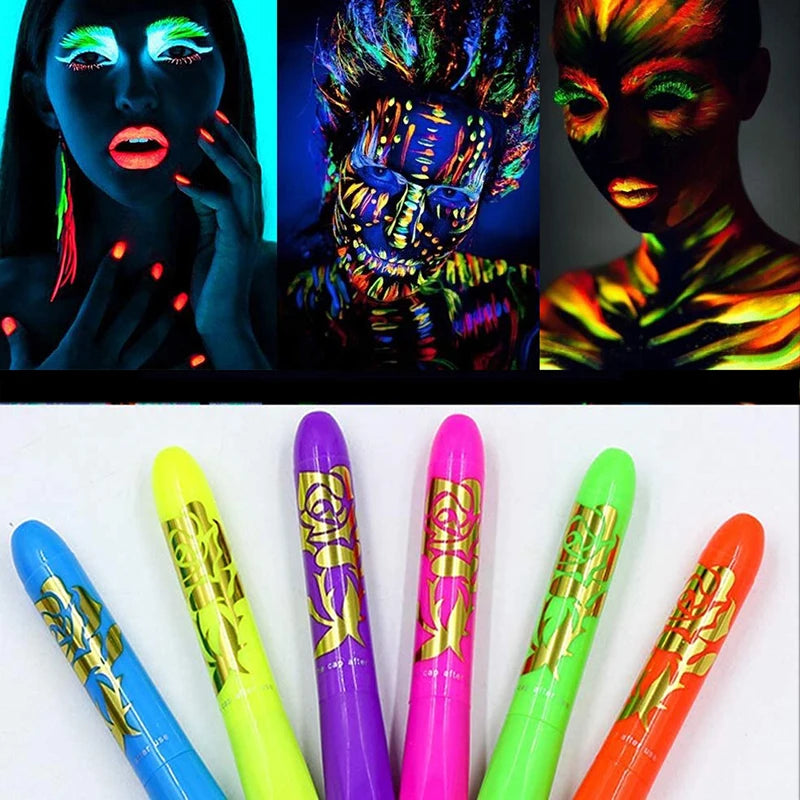 Juego de crayones de pintura para cara y cuerpo, marcador de maquillaje fluorescente, brillante, para Halloween, 6 uds.
