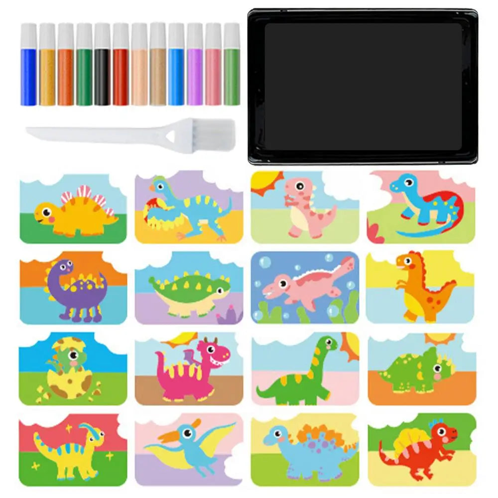 Kits de arte de arena para niños, 12 colores de arena, 16 imágenes , 1 bandeja, 1 herramienta de arte con pincel