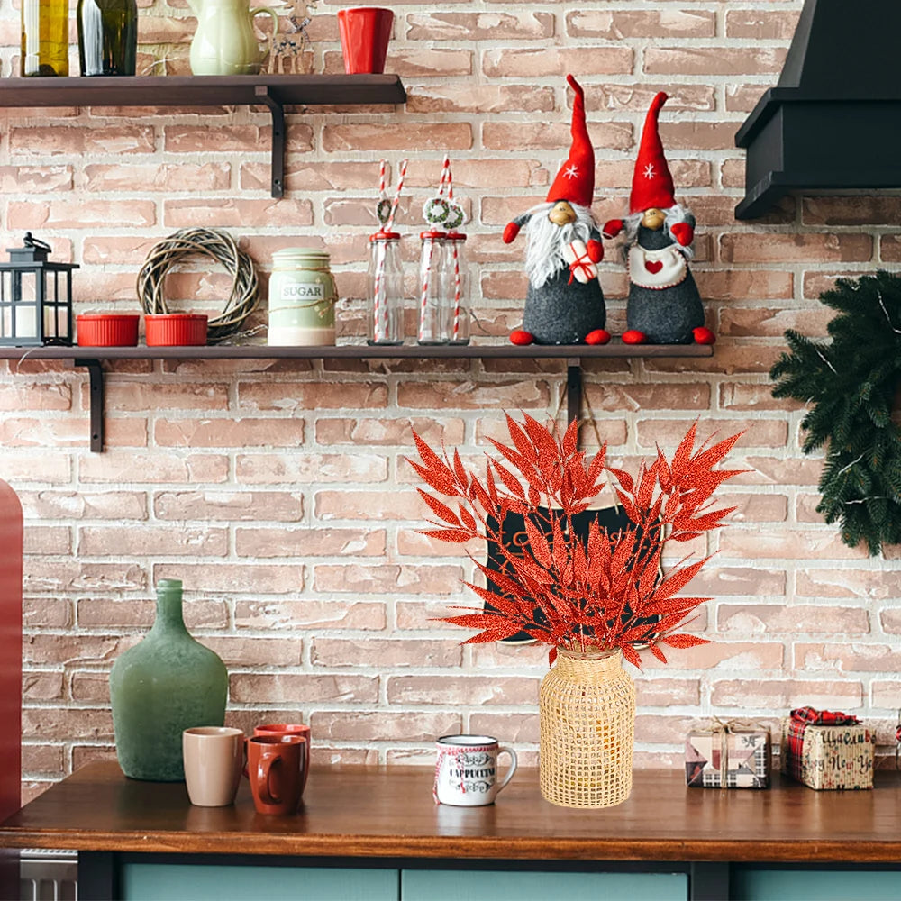 Plantas artificiales de Navidad con purpurina, polvo dorado, flores, hojas, ramas, adorno de árbol de Navidad, 10/1 piezas