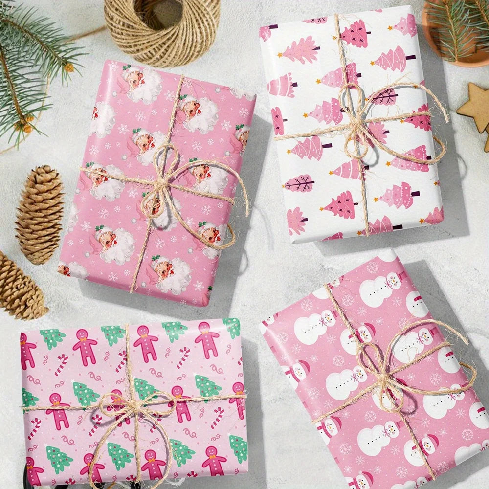Juego de papel para envolver regalos de Navidad rosa, 6 uds.