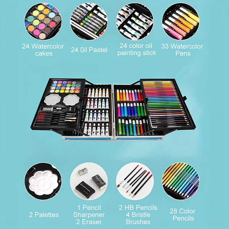 Paquete de 145 piezas, kit de arte para pintar y dibujar, juego de arte de doble capa de lujo, lápices de colores, pasteles al óleo, acuarela