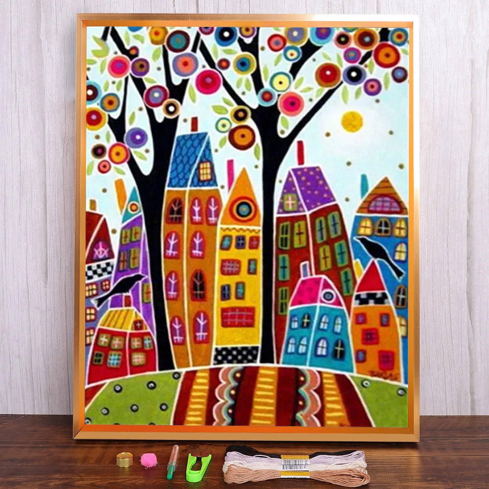 Pintura bordada de 11/14CT, casas de dibujos animados, Kits de punto de cruz, lienzo impreso DMC