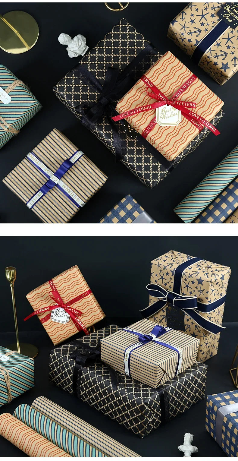 Papel de regalo Kraft clásico con entramado plegable de 50x70cm, embalaje de regalo azul, papel artesanal