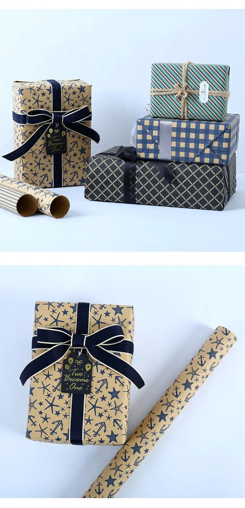 Papel de regalo Kraft clásico con entramado plegable de 50x70cm, embalaje de regalo azul, papel artesanal