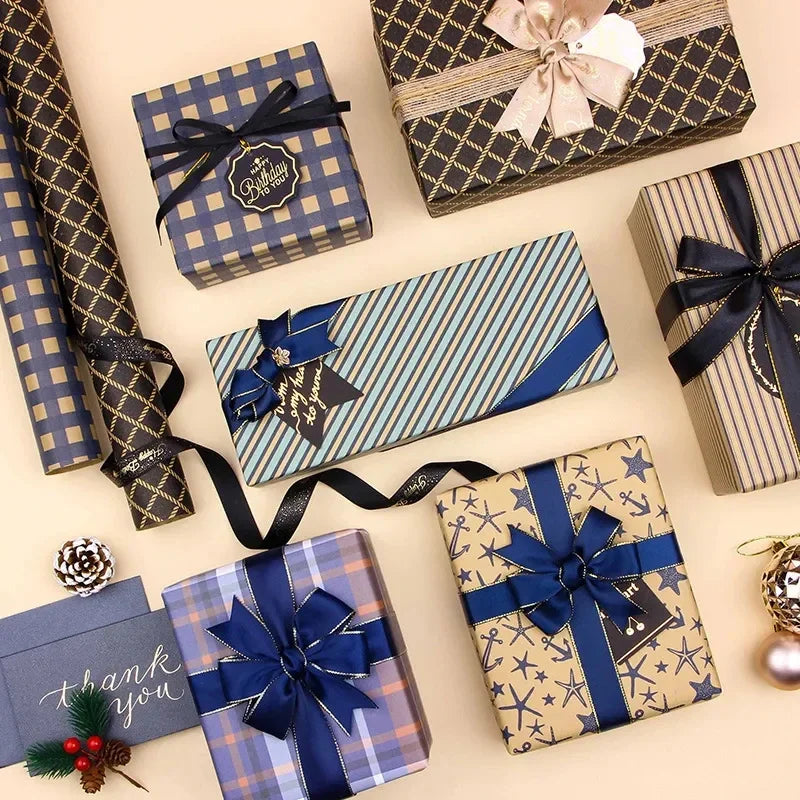 Papel de regalo Kraft clásico con entramado plegable de 50x70cm, embalaje de regalo azul, papel artesanal