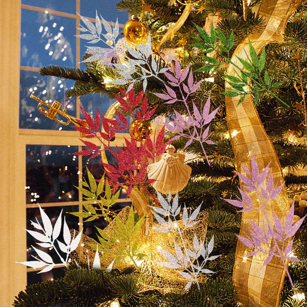 Plantas artificiales de Navidad con purpurina, polvo dorado, flores, hojas, ramas, adorno de árbol de Navidad, 10/1 piezas