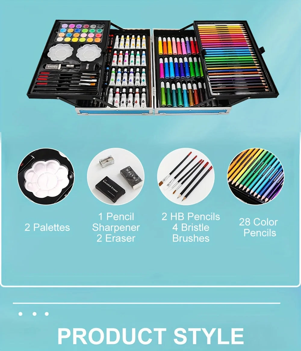 Paquete de 145 piezas, kit de arte para pintar y dibujar, juego de arte de doble capa de lujo, lápices de colores, pasteles al óleo, acuarela