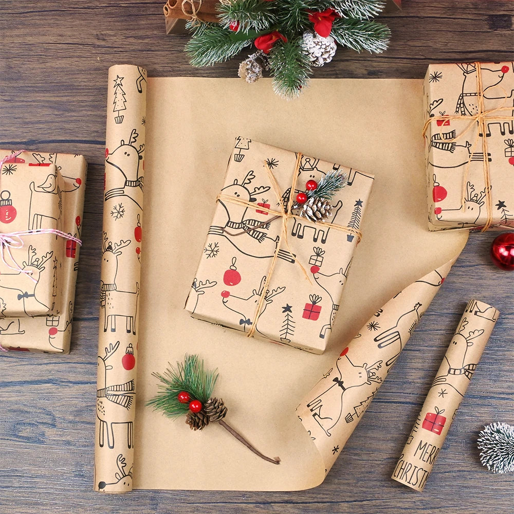 1 rollo de papel de regalo navideño de 44 cm x 15 mts aprox., papel Kraft con diseño de ciervo encantador