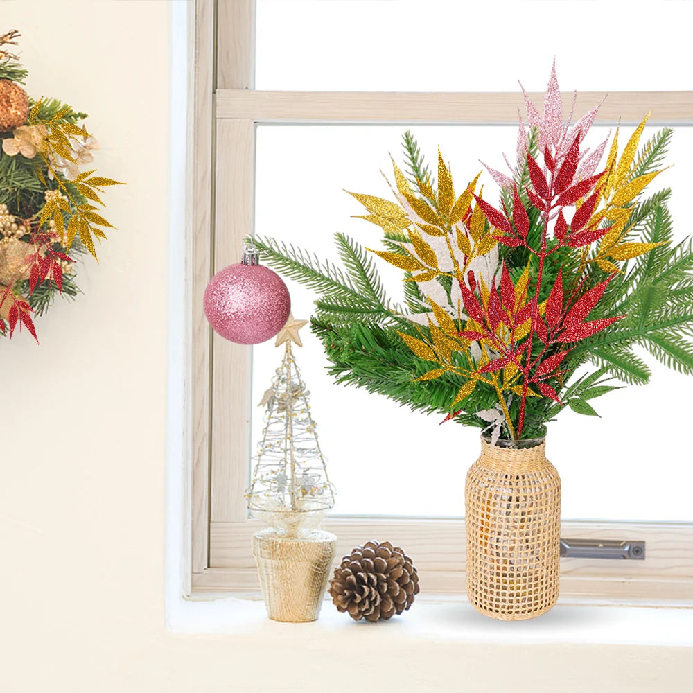 Plantas artificiales de Navidad con purpurina, polvo dorado, flores, hojas, ramas, adorno de árbol de Navidad, 10/1 piezas