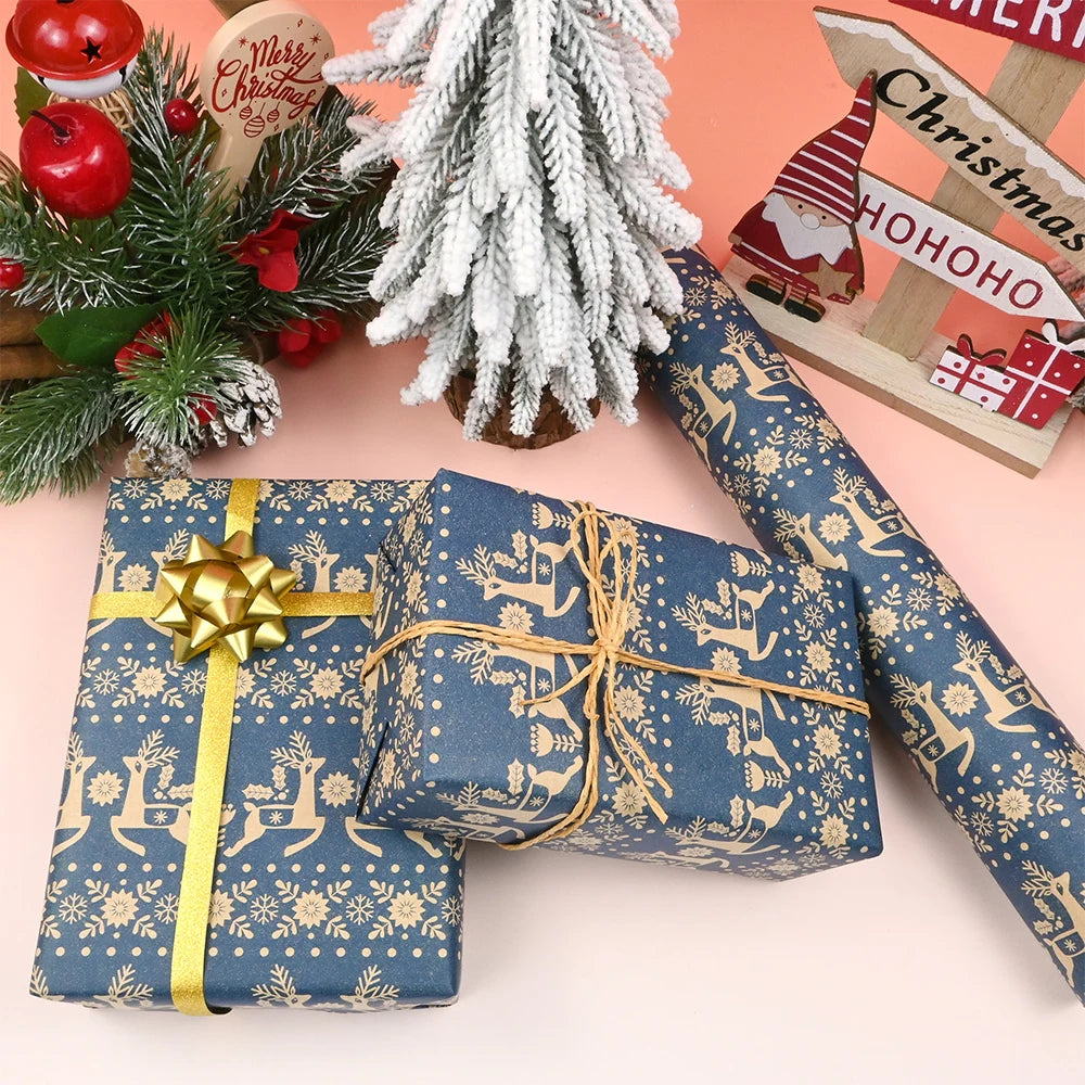 1 rollo de papel de regalo navideño de 43 cm x 15 mts aprox., papel Kraft, copo de nieve, diseño floral y de renos de Navidad