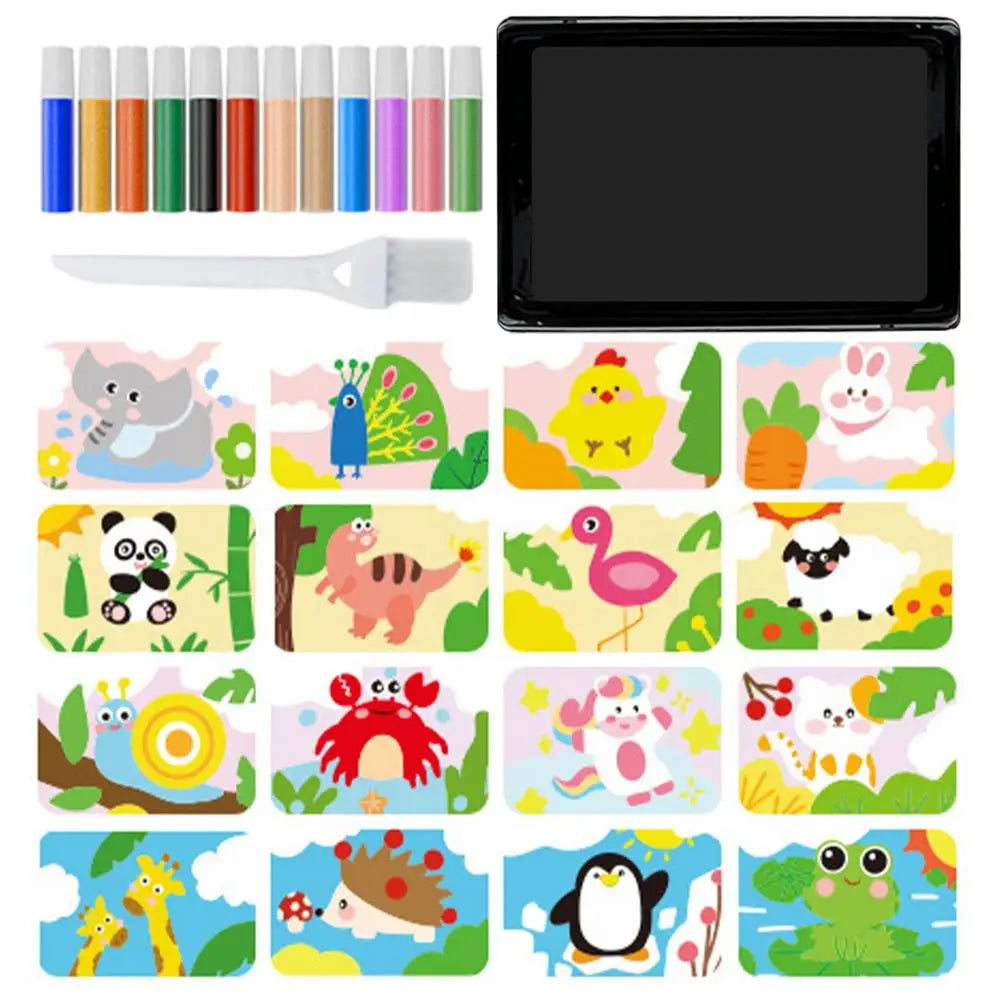 Kits de arte de arena para niños, 12 colores de arena, 16 imágenes , 1 bandeja, 1 herramienta de arte con pincel