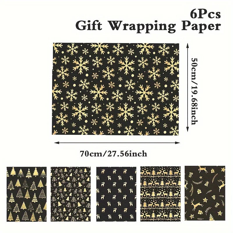 Paquete de 6 papel de regalo navideño de lámina negra y dorada