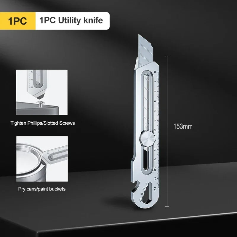 Cuchillo cartonero multiusos de acero inoxidable 6 en 1, abrelatas multifunción, portátil, para oficina, hogar