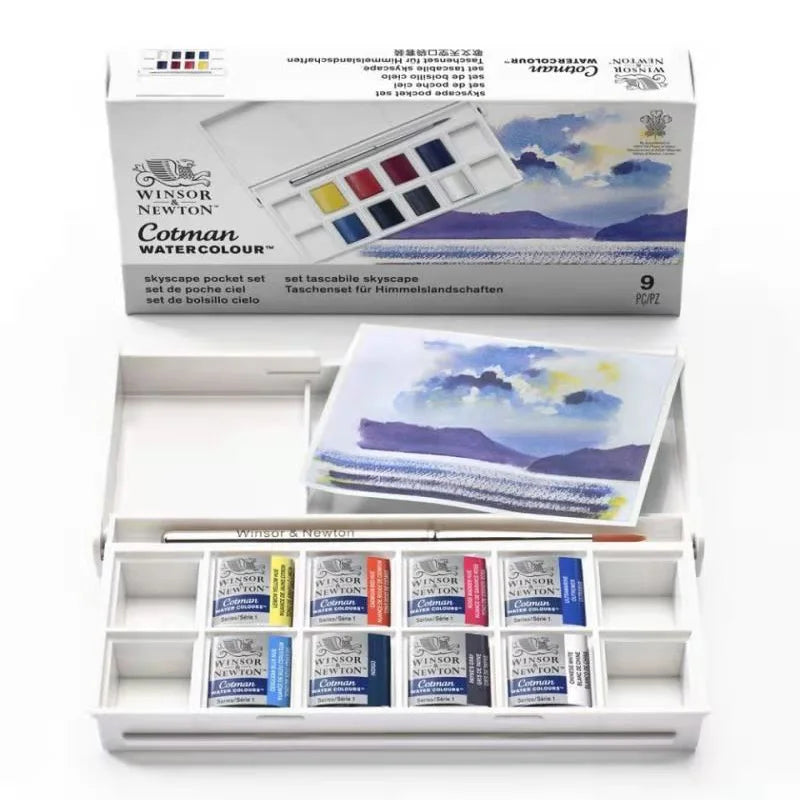 Winsor & Newton-Juego de acuarelas metálicas de 8 colores medias bandejas, paleta de colores con pincel para principiantes