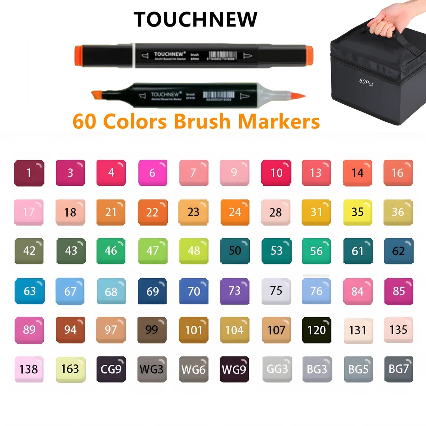 Rotuladores de doble punta suave, TOUCHNEW 30/60/80 colores con punta pincel y cincel para artistas adultos