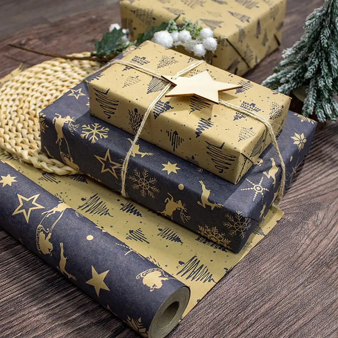 1 rollo de papel de regalo navideño reversible, papel kraft vintage azul marino y marrón de 44 cm pulgadas x 10 mts aprox.