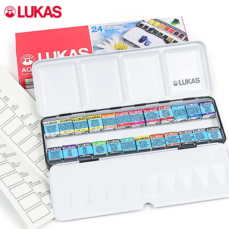 Lukas-pintura de acuarela sólida, pincel de acuarela profesional transparente, caja de Metal, Paleta portátil, 24 colores, Alemania