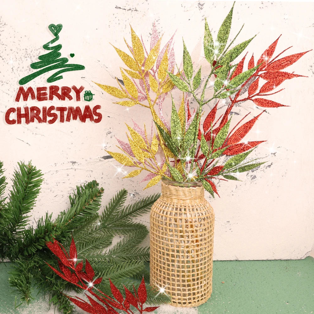 Plantas artificiales de Navidad con purpurina, polvo dorado, flores, hojas, ramas, adorno de árbol de Navidad, 10/1 piezas