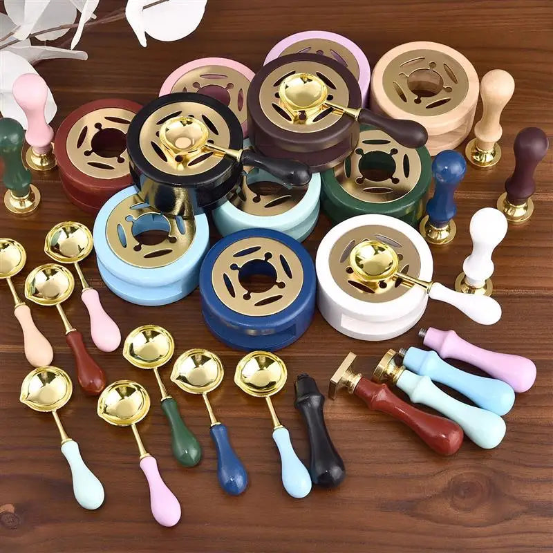 Juego de sellos de lacre de 2/3 piezas, horno de fusión de lacre de madera maciza con cuchara, 1 Juego de calentador de cera, olla de lacre, calentador de varilla de lacre