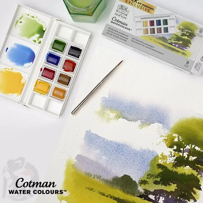 Winsor & Newton-Juego de acuarelas metálicas de 8 colores medias bandejas, paleta de colores con pincel para principiantes