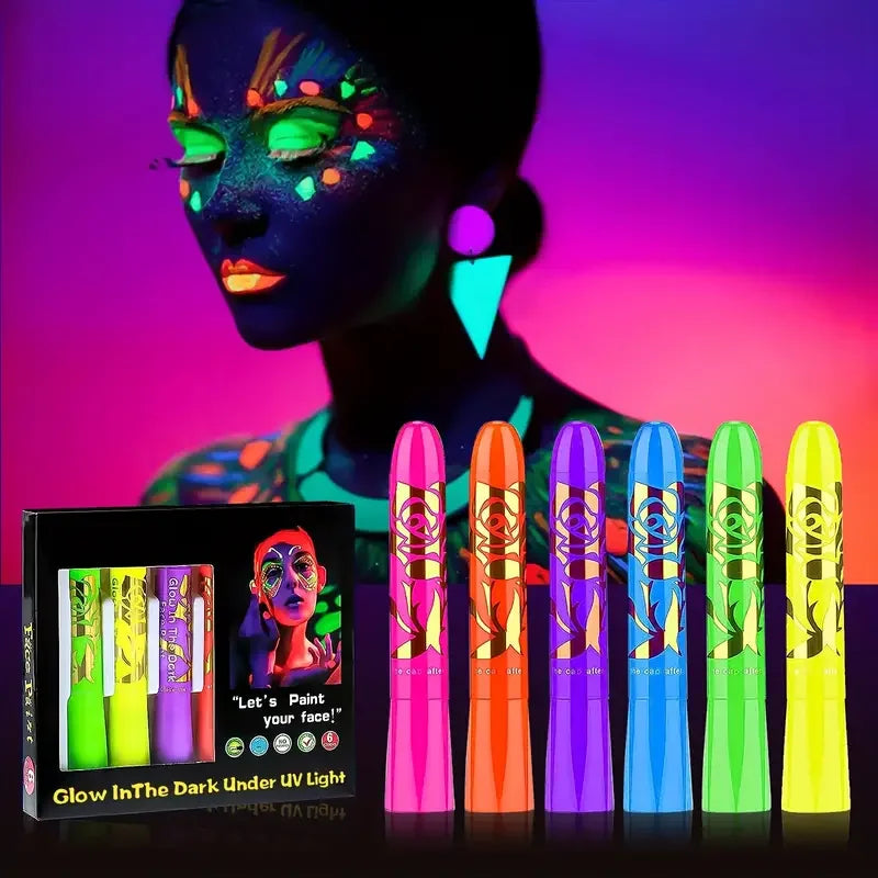 Kit de pintura facial y corporal con brillo UV de neón, crayones de maquillaje, 6 uds./12 Uds.