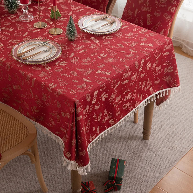 Mantel rojo navideño, Jacquard, encaje dorado
