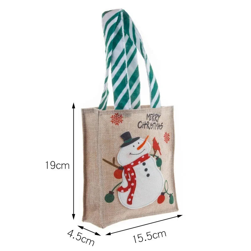 Bolsas de Navidad con estampado de muñeco de nieve y Papá Noel, de yute natural para regalo