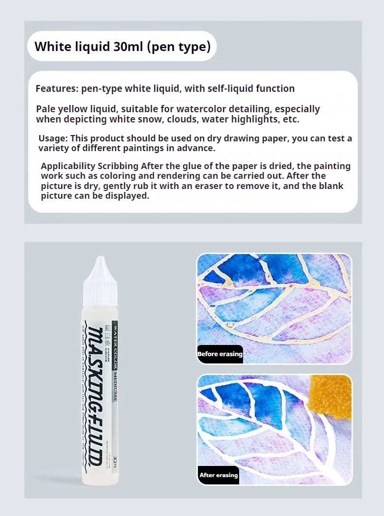 Tinta de enmascaramiento para acuarela, botella de Gel blanco líquido, tubo de aguja, pintura líquida blanca de acuarela
