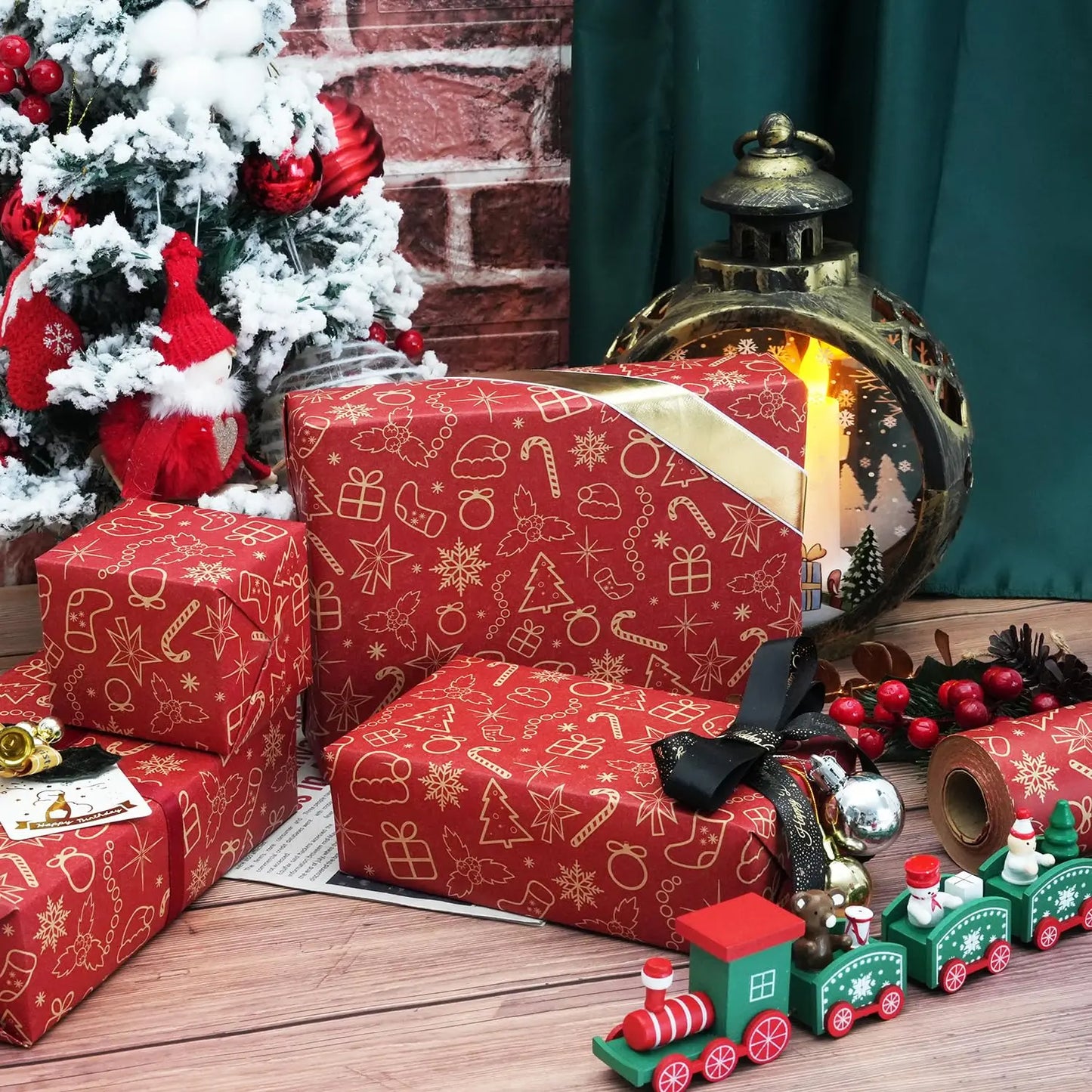 1 rollo de papel Kraft navideño de 43 cm x 15 mts aprox., papel de regalo rojo para Navidad