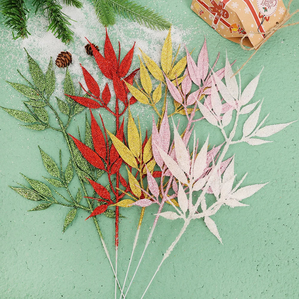Plantas artificiales de Navidad con purpurina, polvo dorado, flores, hojas, ramas, adorno de árbol de Navidad, 10/1 piezas