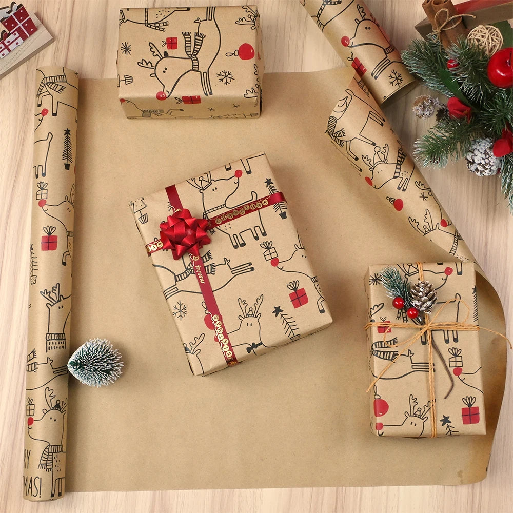 1 rollo de papel de regalo navideño de 44 cm x 15 mts aprox., papel Kraft con diseño de ciervo encantador
