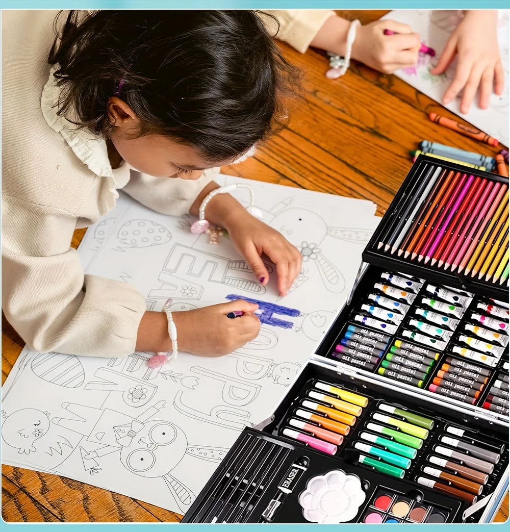 Paquete de 145 piezas, kit de arte para pintar y dibujar, juego de arte de doble capa de lujo, lápices de colores, pasteles al óleo, acuarela