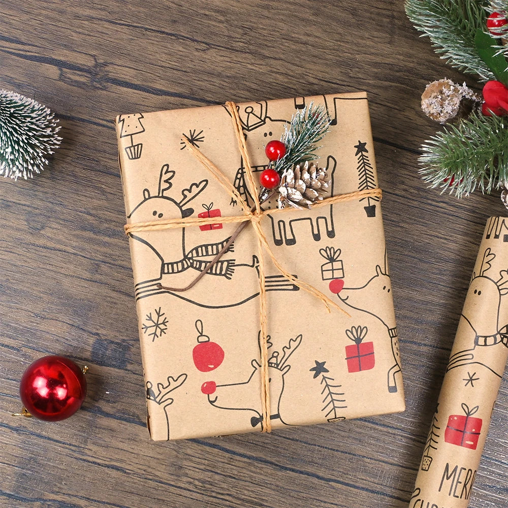 1 rollo de papel de regalo navideño de 44 cm x 15 mts aprox., papel Kraft con diseño de ciervo encantador