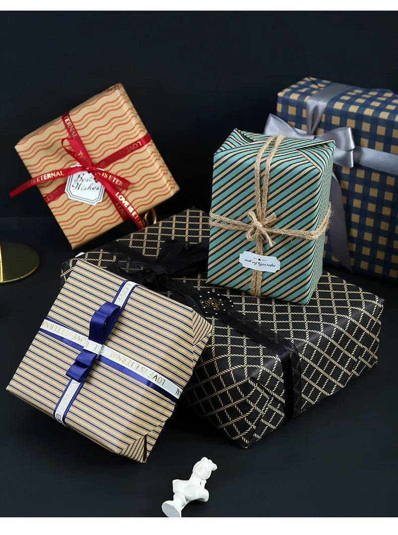 Papel de regalo Kraft clásico con entramado plegable de 50x70cm, embalaje de regalo azul, papel artesanal