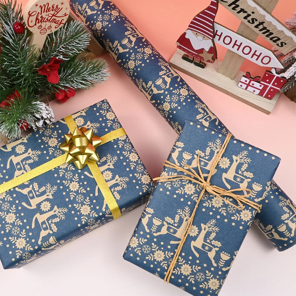 1 rollo de papel de regalo navideño de 43 cm x 15 mts aprox., papel Kraft, copo de nieve, diseño floral y de renos de Navidad