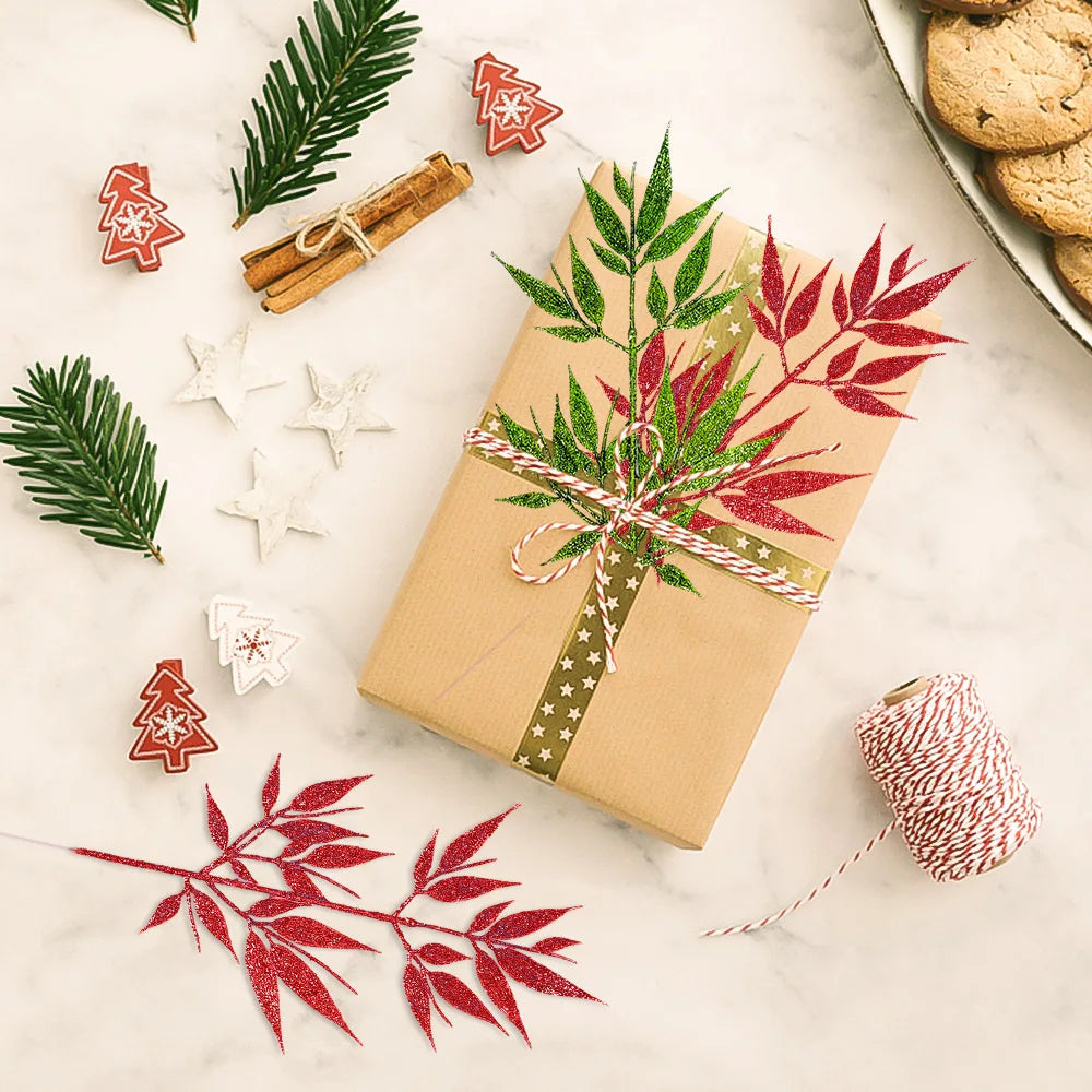 Plantas artificiales de Navidad con purpurina, polvo dorado, flores, hojas, ramas, adorno de árbol de Navidad, 10/1 piezas