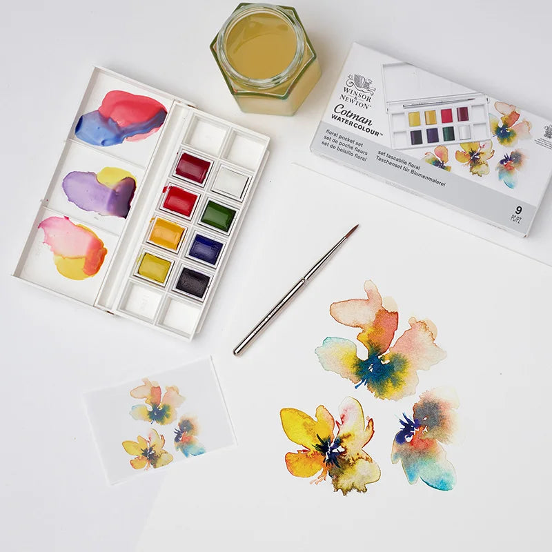 Winsor & Newton-Juego de acuarelas metálicas de 8 colores medias bandejas, paleta de colores con pincel para principiantes