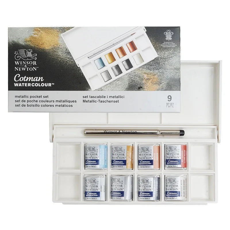 Winsor & Newton-Juego de acuarelas metálicas de 8 colores medias bandejas, paleta de colores con pincel para principiantes