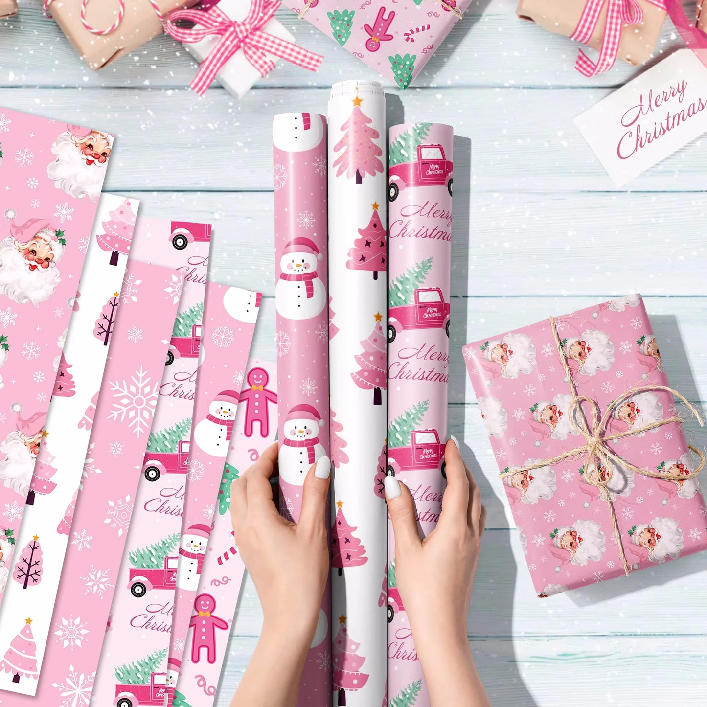 Papel para envolver con temática de muñeco de nieve, Papá Noel, 12 piezas, para regalo de fiesta de Navidad