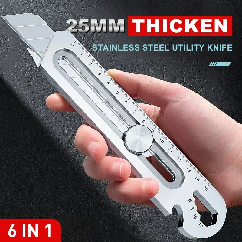 Cuchillo cartonero multiusos de acero inoxidable 6 en 1, abrelatas multifunción, portátil, para oficina, hogar