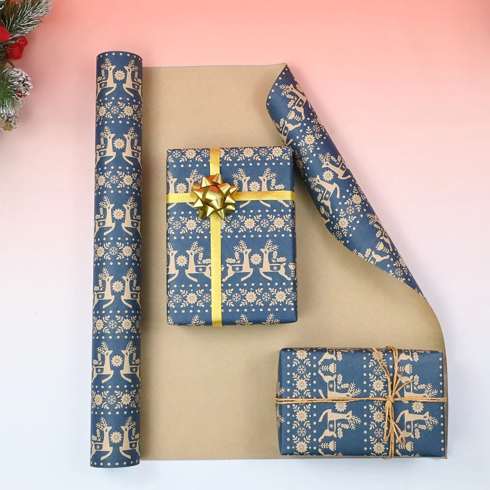 1 rollo de papel de regalo navideño de 43 cm x 15 mts aprox., papel Kraft, copo de nieve, diseño floral y de renos de Navidad