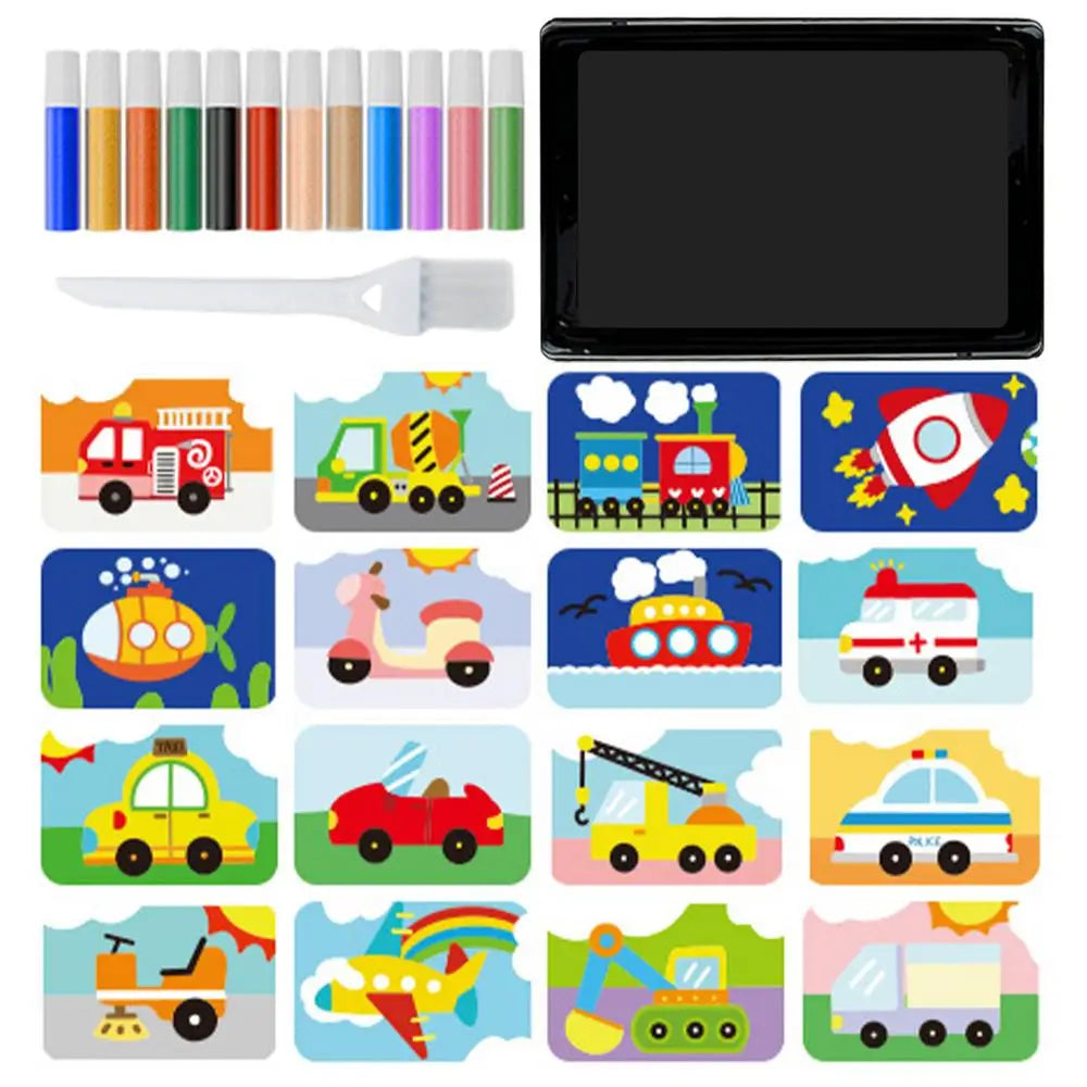 Kits de arte de arena para niños, 12 colores de arena, 16 imágenes , 1 bandeja, 1 herramienta de arte con pincel