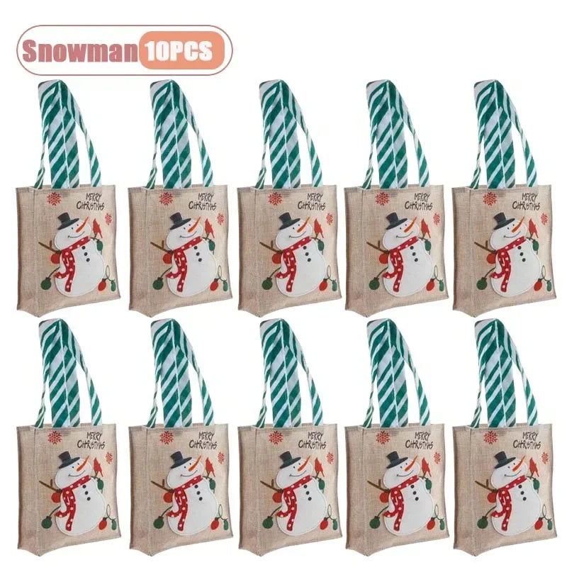 Bolsas de arpillera de Navidad con diseño de Papá Noel y muñeco de nieve, 1-10 Uds.
