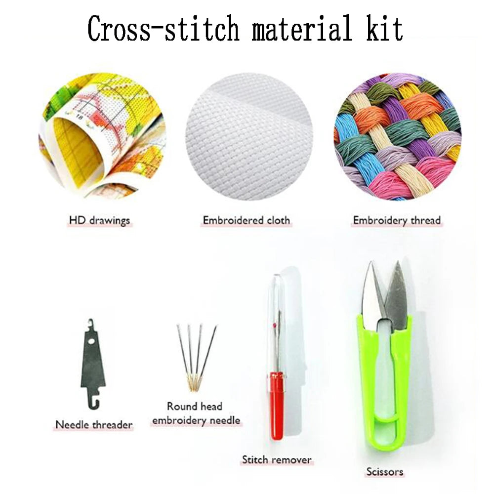 Bordado de punto de cruz, Kit de costura artesanal con dibujo de casas coloridas, decoración impresa en lienzo 11CT