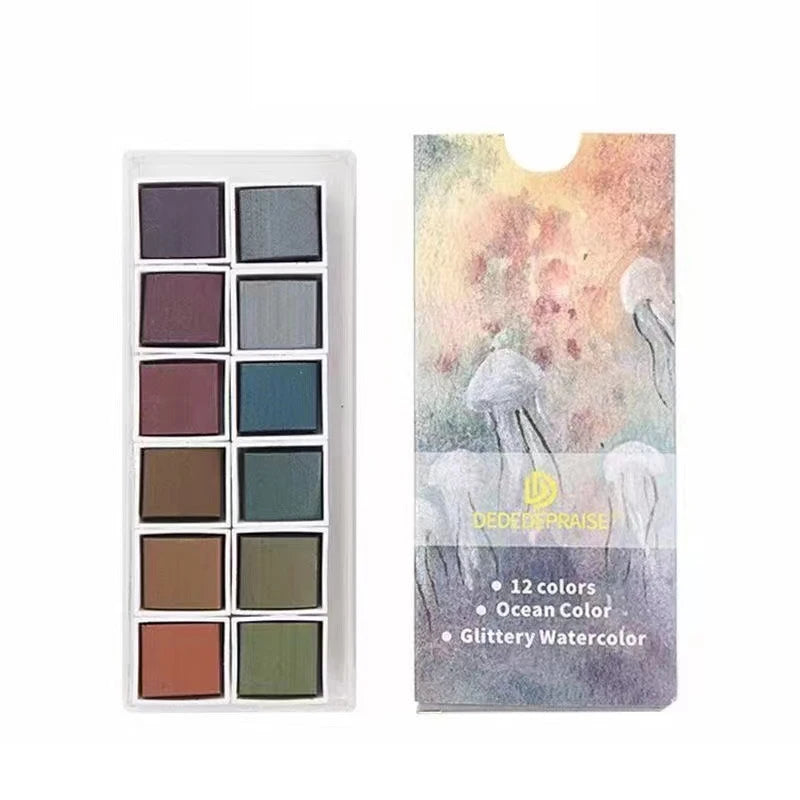Juego de pinturas de Acuarela sólidas de 12 colores, pigmento nacarado texturizado, brillo metálico
