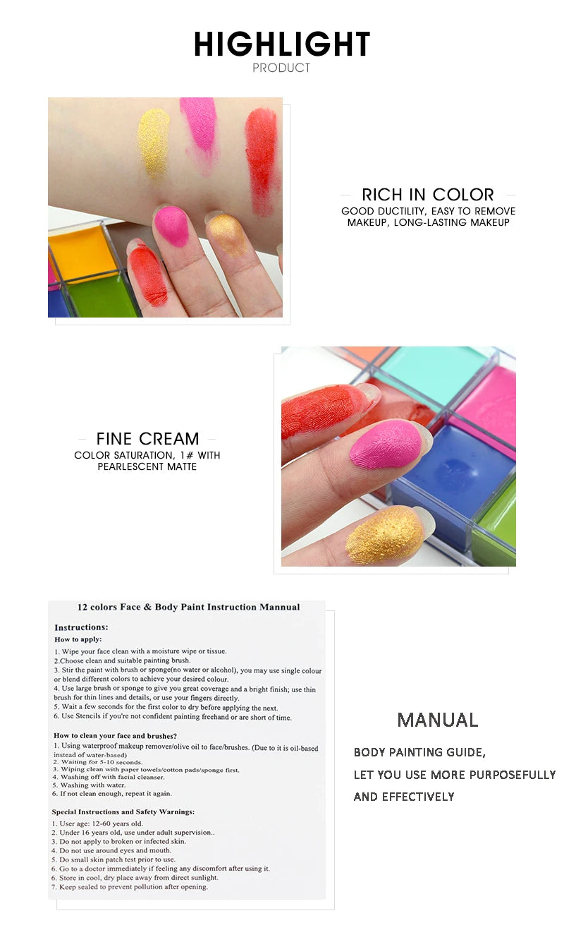 Kit de pintura con pinceles para niños y adultos, maquillaje corporal, arte corporal, ingrediente seguro, 12/20 colores