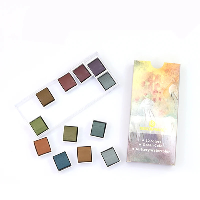 Juego de pinturas de Acuarela sólidas de 12 colores, pigmento nacarado texturizado, brillo metálico