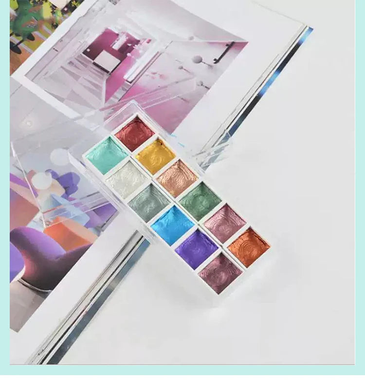 Juego de pinturas de Acuarela sólidas de 12 colores, pigmento nacarado texturizado, brillo metálico